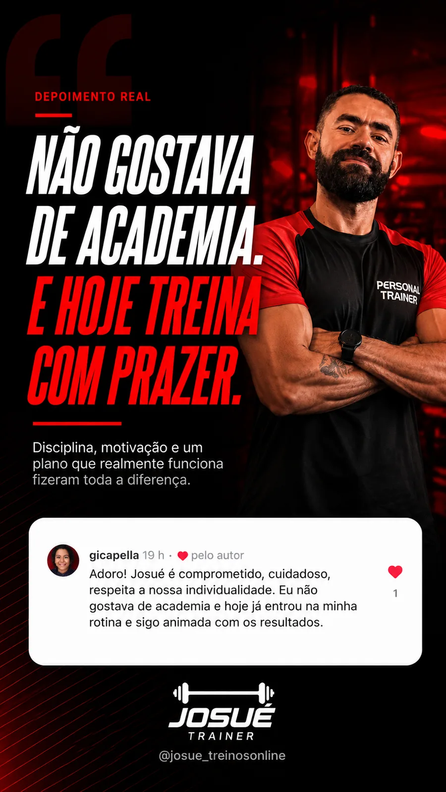 Depoimento de aluna sobre gostar de treinar com o acompanhamento